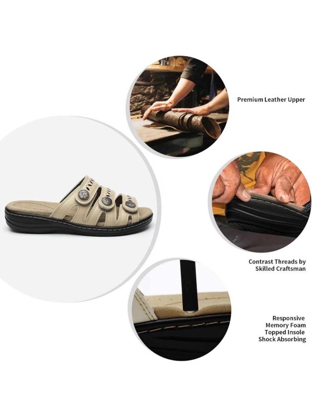 Women's Comfort Leather Slides Flat Sandals Nude Slip On Casual Walking Slippers - Picture 4 of 6